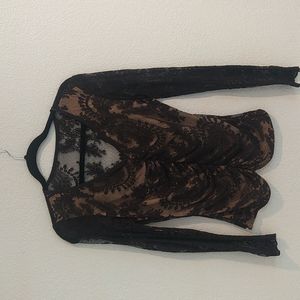 Super sexy black lace vneck top with lined front/sheer back size small